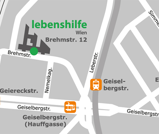 Anfahrtsskizze zur Zentrale der Lebenshilfe Wien in der Brehmstraße 12 im 11. Bezirk. Die Haltestellen der öffentlichen Verkehrsmittel in der Nähe sind darauf eingezeichnet.