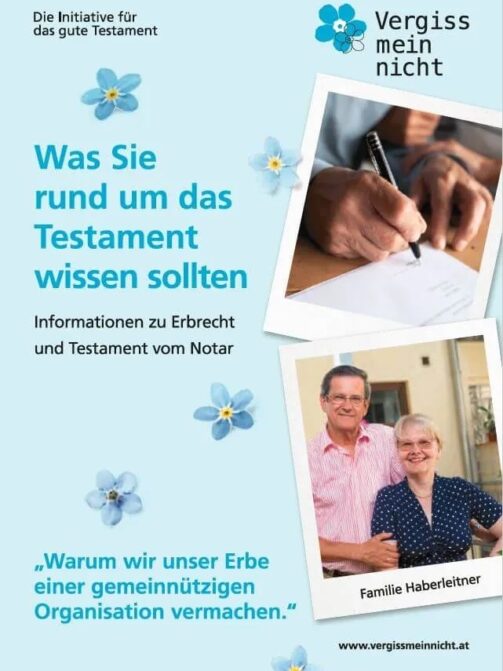 Titelseite der Testamentsbroschüre Vergissmeinnicht