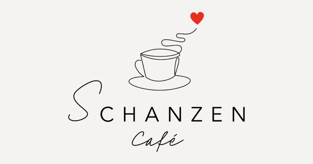 Minimalistisches Logo für das Schanzen Café mit einer einfachen Strichzeichnung einer Kaffeetasse. Der Dampf aus der Tasse bildet oben ein rotes Herz. Schanzen steht in fetten Buchstaben, darunter Café in Schreibschrift.