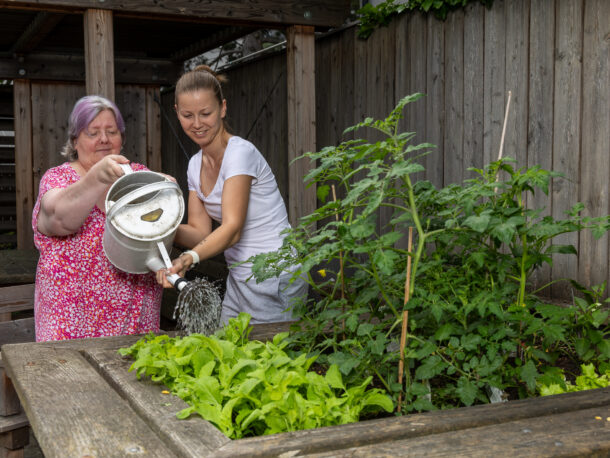 Auf dem Bild unterstützt eine Mitarbeiterin eine Kundin beim Gießen der Pflanzen mit einer Gießkanne. Die beiden stehen an einem Hochbeet, in dem Tomatenpflanzen und Salat wachsen.