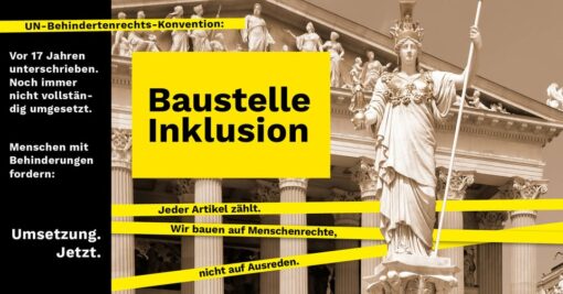 Veranstaltungsfoto der Aktion Baustelle Inklusion am 5.5.2025. Man sieht Absperrbänder vor dem Parlament in Wien