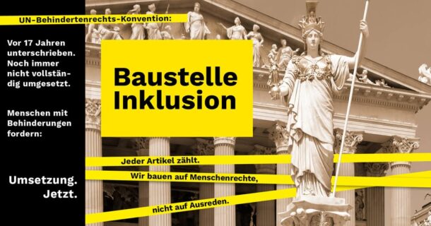 Veranstaltungsfoto der Aktion Baustelle Inklusion am 5.5.2025. Man sieht Absperrbänder vor dem Parlament in Wien