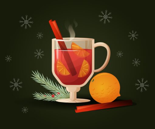 Ein Glasbecher mit heißem Glühwein mit Orangenscheiben und einer Zimtstange, daneben eine ganze Orange, ein Tannenzweig und eine weitere Zimtstange, auf einem dunklen Hintergrund mit Schneeflocken.