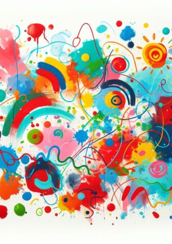 Abstraktes Gemälde mit bunten Spritzern, Wirbeln, Punkten und Linien in Rot, Blau, Gelb, Grün und Orange auf weißem Hintergrund, das eine lebendige und energiegeladene Komposition bildet.