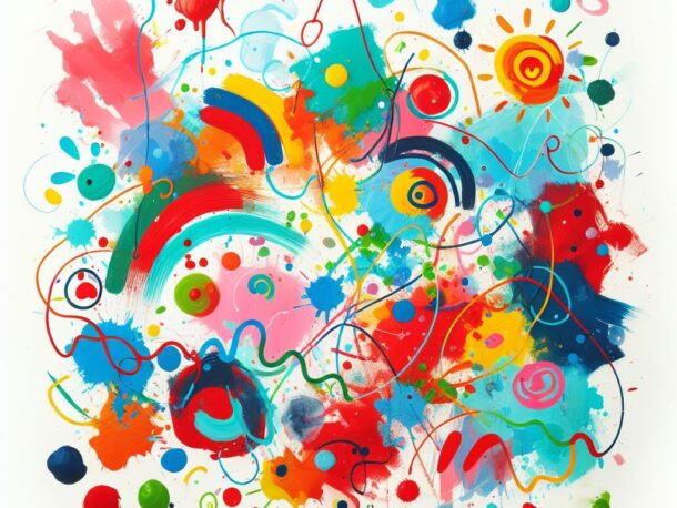 Abstraktes Gemälde mit bunten Spritzern, Wirbeln, Punkten und Linien in Rot, Blau, Gelb, Grün und Orange auf weißem Hintergrund, das eine lebendige und energiegeladene Komposition bildet.