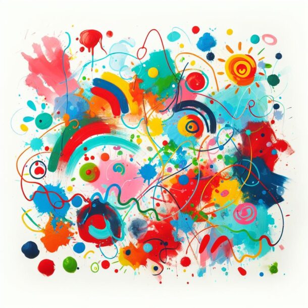 Abstraktes Gemälde mit bunten Spritzern, Wirbeln, Punkten und Linien in Rot, Blau, Gelb, Grün und Orange auf weißem Hintergrund, das eine lebendige und energiegeladene Komposition bildet.