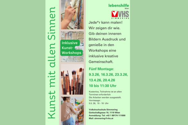 Ein Flyer für integrative Kunstworkshops zeigt eine Person, die auf einer Leinwand malt, und Nahaufnahmen von Pinseln. Der Text nennt Termine, Zeiten und Kontaktinformationen für die Workshops, wobei der Schwerpunkt auf kreativer Gemeinschaft und Barrierefreiheit liegt.