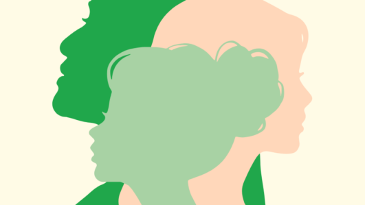 Drei sich überschneidende Silhouetten menschlicher Profile, die in entgegengesetzte Richtungen blicken, in den Farben Grün und Hellpfirsich auf einem cremefarbenen Hintergrund, die die Vielfalt der Menschen und die Einheit darstellen.