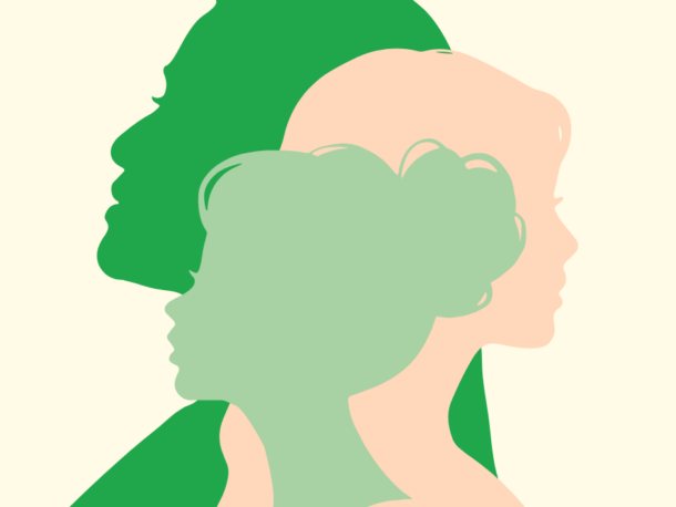 Drei sich überschneidende Silhouetten menschlicher Profile, die in entgegengesetzte Richtungen blicken, in den Farben Grün und Hellpfirsich auf einem cremefarbenen Hintergrund, die die Vielfalt der Menschen und die Einheit darstellen.