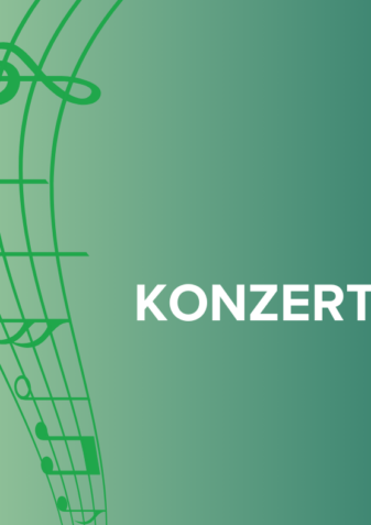 Grüne Noten in einem Notensystem auf der linken Seite eines grünen Hintergrunds mit Farbverlauf. Das Wort KONZERT ist in fetten weißen Buchstaben auf der rechten Seite zentriert.
