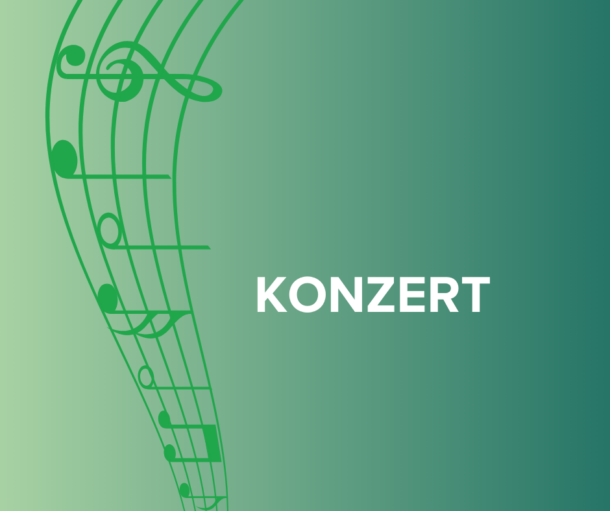 Grüne Noten in einem Notensystem auf der linken Seite eines grünen Hintergrunds mit Farbverlauf. Das Wort KONZERT ist in fetten weißen Buchstaben auf der rechten Seite zentriert.