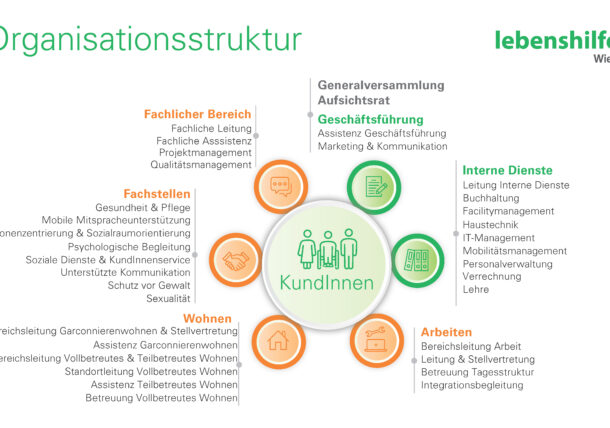 Organigramm (Aufbau der Organisation) der Lebenshilfe Wien, mit KundInnen in der Mitte, umgeben von sechs Bereichen: Fachlicher Bereich, Fachstellen, Wohnen, Arbeiten, Interne Dienste und Geschäftsführung.