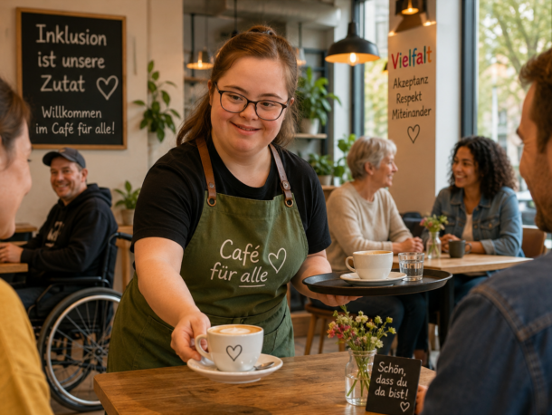 Ein lächelnder Barista mit Down-Syndrom serviert den Kunden in einem lebhaften, inklusiven Café Kaffee. Schilder an der Wand werben für Inklusion, Akzeptanz, Respekt und Vielfalt in deutscher Sprache. Andere Gäste unterhalten sich im Hintergrund.