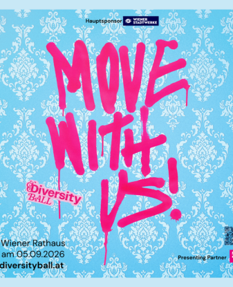 Blauer Tapetenhintergrund mit rosa Graffiti-Schriftzug „MOVE WITH US!“ und „Diversity Ball“. Zu den Veranstaltungsdetails gehören das Wiener Rathaus, der 05.09.2026 und die Website diversityball.at. Oben sind die Logos der Sponsoren zu sehen.