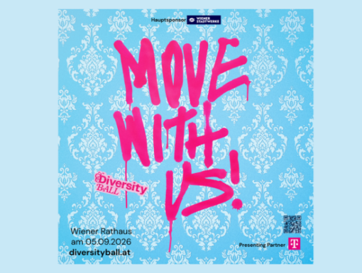 Blauer Tapetenhintergrund mit rosa Graffiti-Schriftzug „MOVE WITH US!“ und „Diversity Ball“. Zu den Veranstaltungsdetails gehören das Wiener Rathaus, der 05.09.2026 und die Website diversityball.at. Oben sind die Logos der Sponsoren zu sehen.