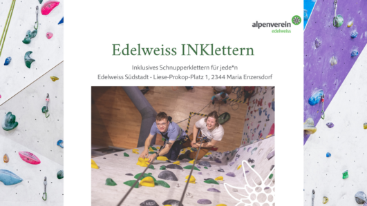 Zwei Personen klettern an einer Indoor-Kletterwand und lächeln in die Kamera. Im Hintergrund sind bunte Klettergriffe zu sehen. Der Text darüber enthält Informationen zu einer inklusiven Kletterveranstaltung des Alpenvereins Edelweiss in Maria Enzersdorf.