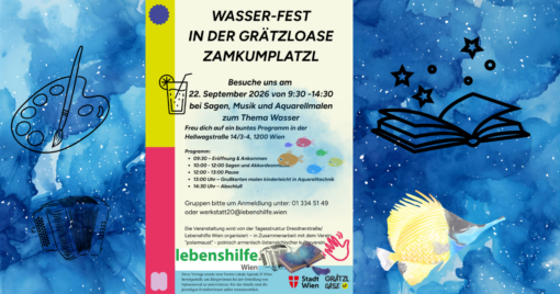 Plakat für ein Festival zum Thema Wasser mit blauem Aquarellhintergrund, einem Buch, Sternen und einem Regenschirm. Zu den Veranstaltungsdetails gehören Datum, Uhrzeit, Programm und Kontaktdaten. Organisiert von Lebenshilfe Wien, der Stadt Wien und der Grätzloase.